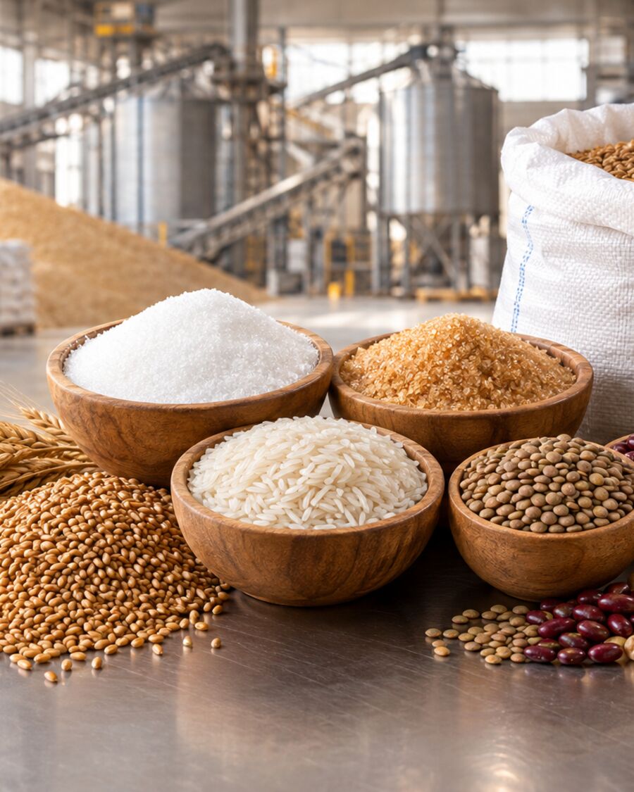 Cuencos con azúcar refinada, azúcar cruda, arroz, lentejas y frijoles junto a trigo en grano y sacos de exportación en una planta de granos