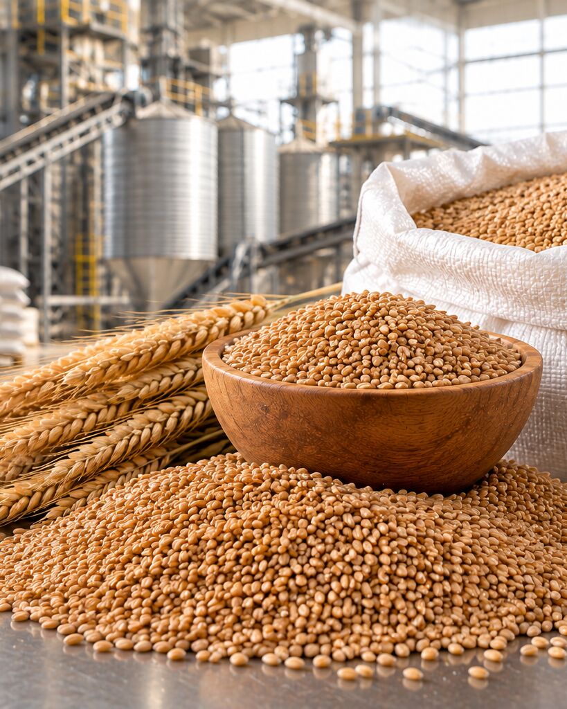 Cuenco y montón de trigo en grano con espigas y un big bag en una planta de almacenamiento de cereales