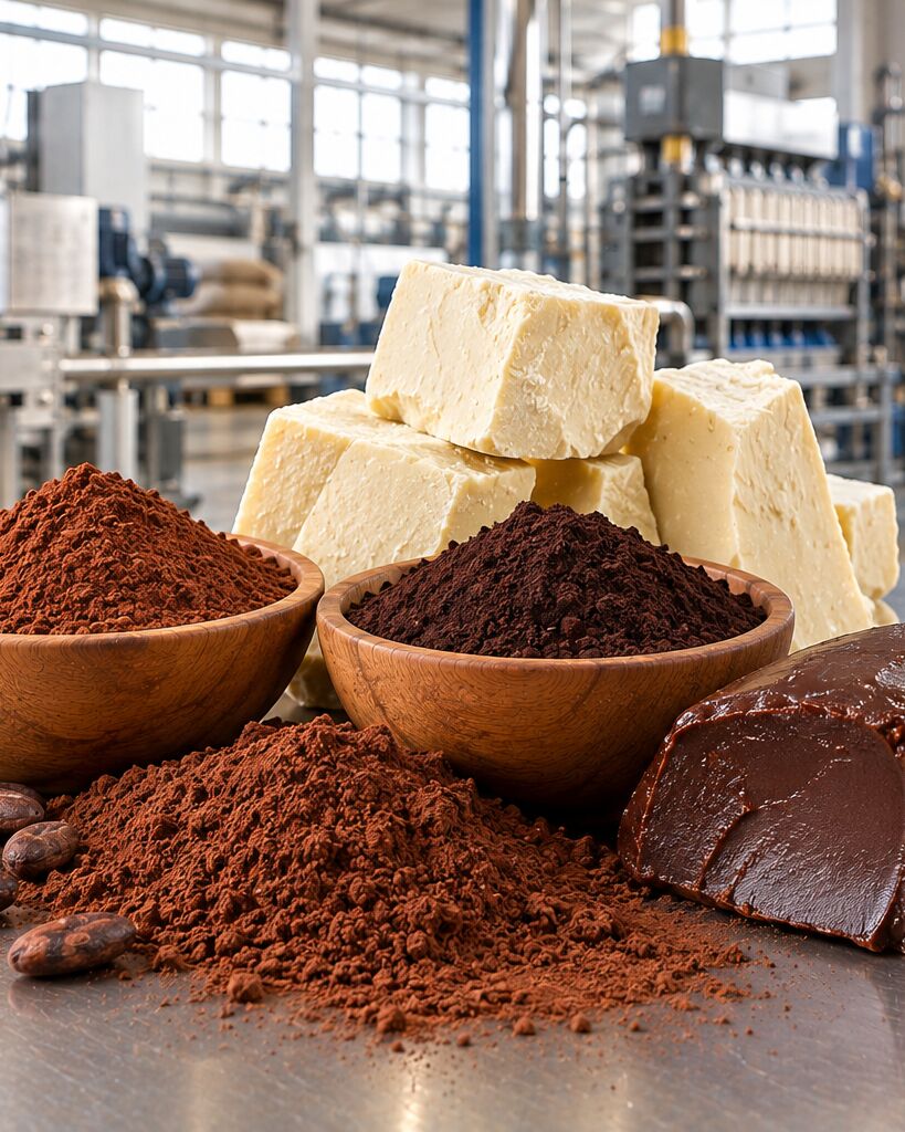 Cuencos con cacao en polvo natural y alcalinizado junto a bloques de manteca de cacao y licor de cacao en una planta de procesamiento