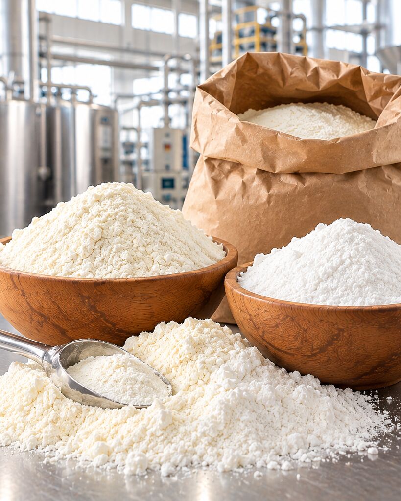 Leche en polvo en un cuenco de acero junto a una jarra de leche reconstituida