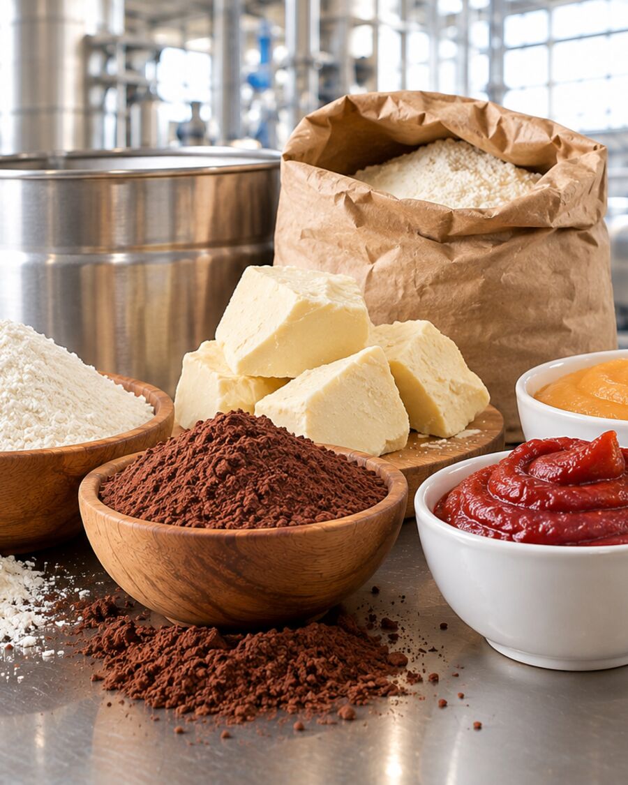 Leche en polvo y cacao en cuencos de acero junto a pulpa de fruta