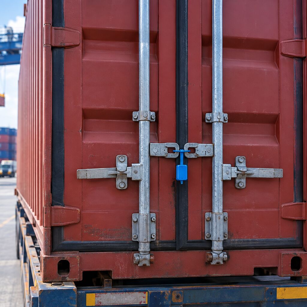 Contenedor cerrado y precintado sobre un chasis en el patio de una terminal portuaria, con grúa y pilas de contenedores al fondo