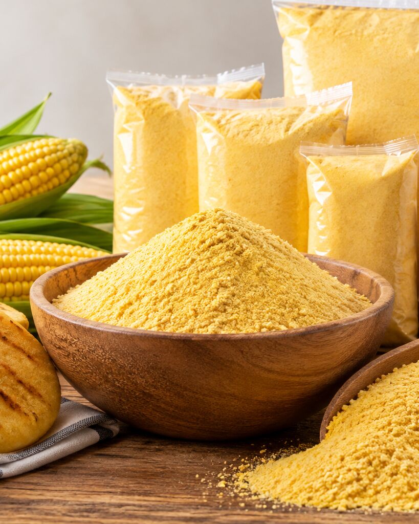 Harina de maíz precocida en un bowl de madera junto a mazorcas, arepas y bolsas de producto