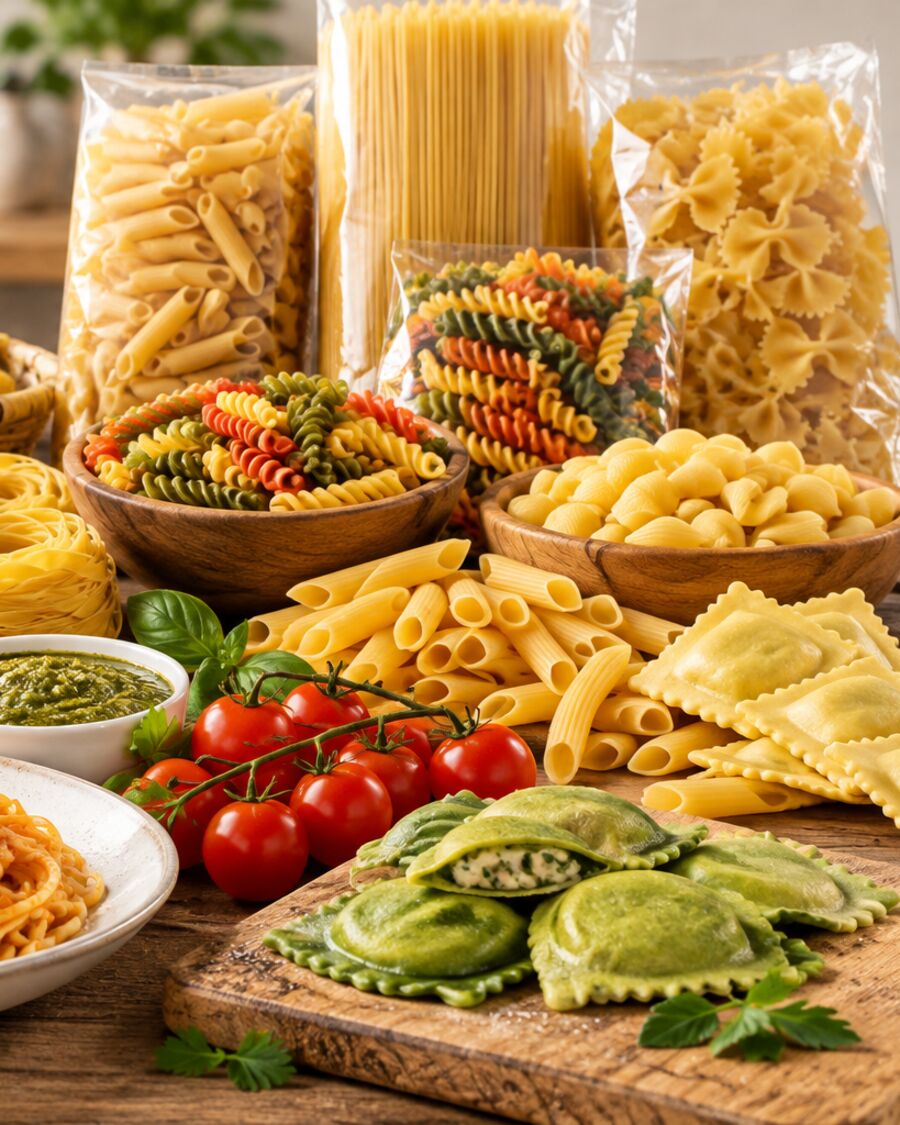 Variedad de pastas secas largas y cortas, empaques de penne, farfalle y fusilli, y raviolis sobre una mesa de madera
