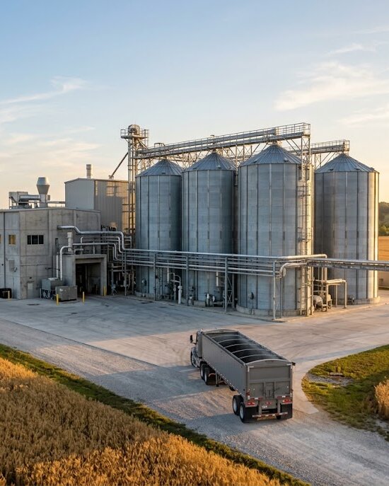 Planta procesadora con silos metálicos y un camión de carga en la explanada, rodeada de campos de cultivo al atardecer