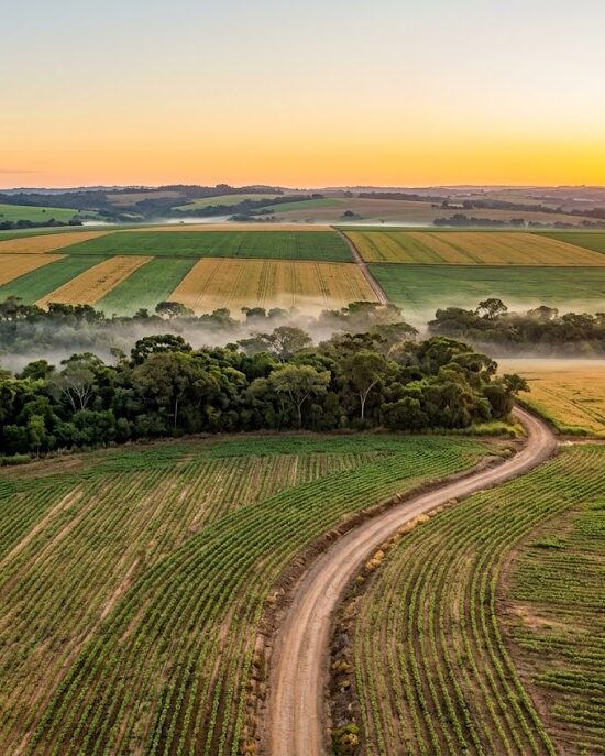 Vista aérea de campos de cultivo al amanecer, con una franja de bosque y un camino de tierra entre las parcelas